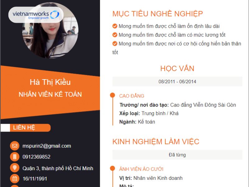 mẫu cv xin việc kế toán nội bộ