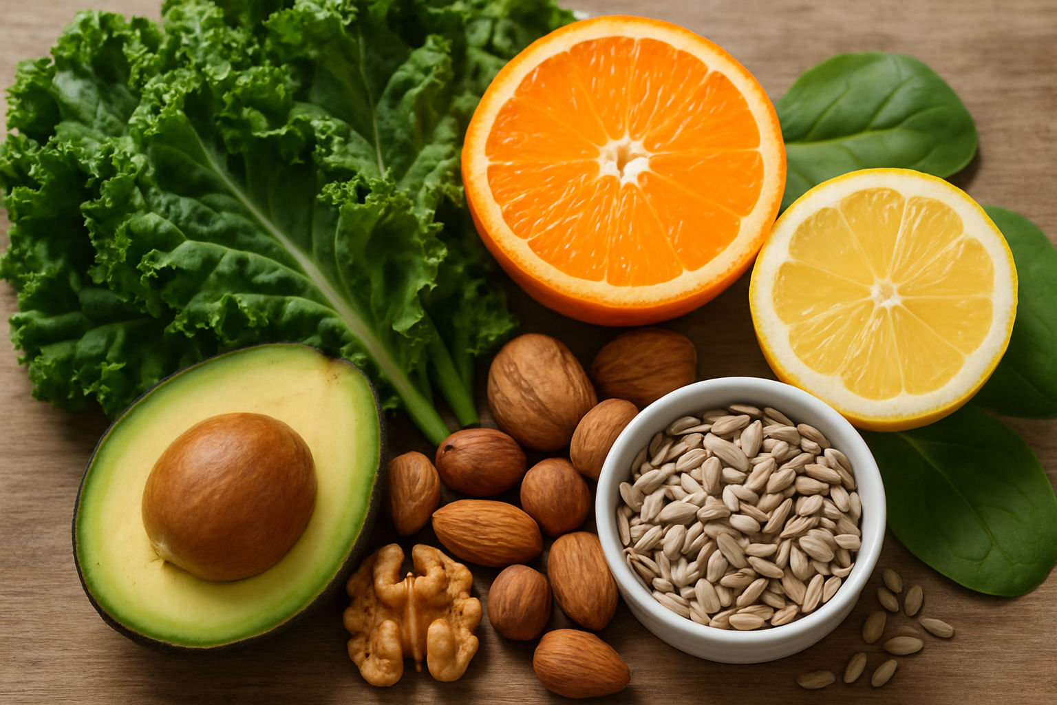 A close-up shot showcasing various vitamin-rich foods essential for brain health. The image highlights leafy greens, citrus fruits, nuts, and seeds, emphasizing the vibrancy and freshness of each item, arranged in a visually appealing manner with soft, diffused lighting to enhance the natural colors.