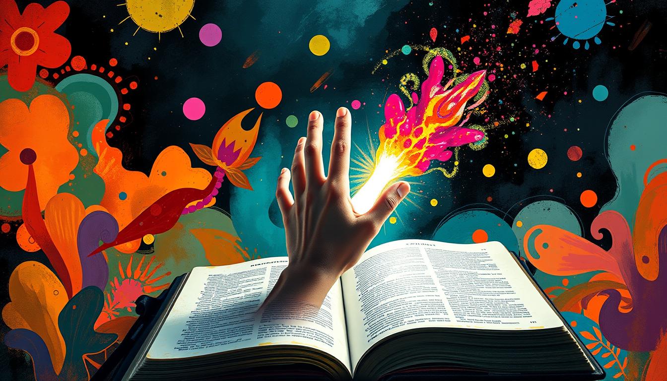 A hand reaching out of a journal with a beam of light shining out, surrounded by vivid and colorful abstract shapes representing the manifestation of dreams.