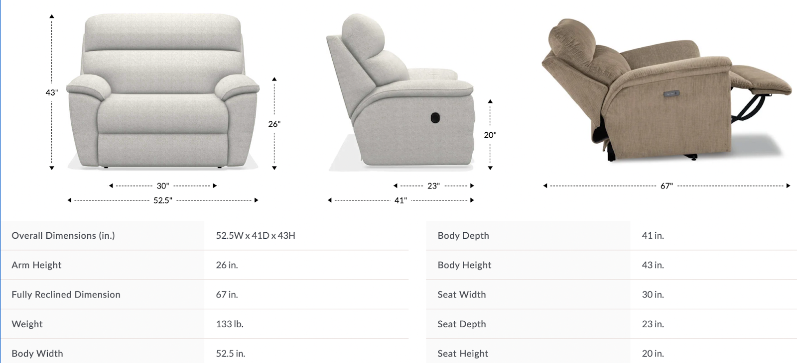 roman reclining chair and a half dimensions