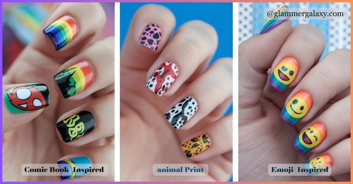 Three sets of nails with comic book, animal print, and emoji designs against colorful backgrounds.