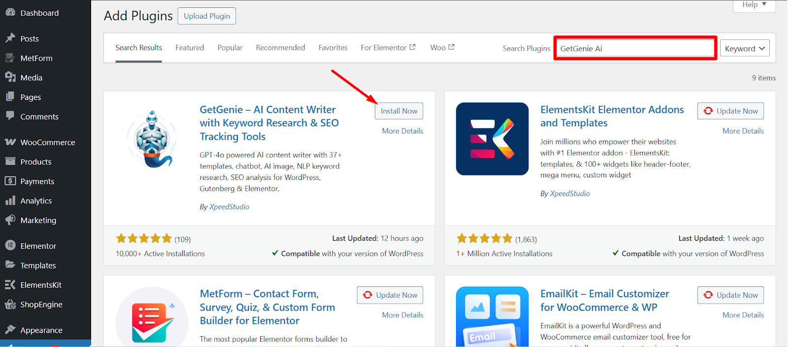 Search and install GetGenie AI from your WordPress dashboard