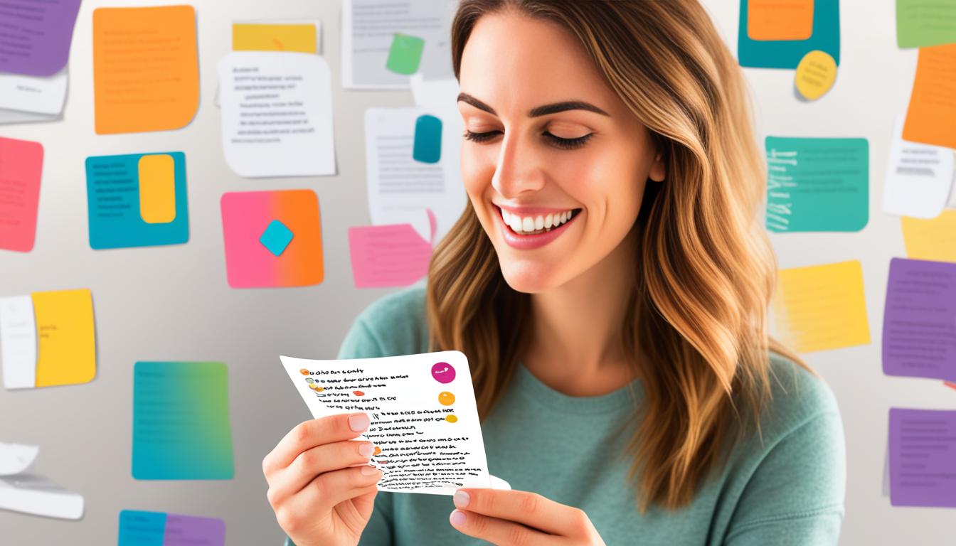 An image that shows the steps of the sticker method, where a woman is seen holding a piece of paper with a specific affirmation about manifesting a guy to text her. The first step shows her writing down the affirmation on a colorful sticker. The second step illustrates her placing the sticker on her phone, symbolizing her intention to receive a text from the guy. The final step depicts the woman happily receiving a message from the guy she manifested. The overall mood of the image should be positive and vibrant, representing the power of manifestation and positive thinking.