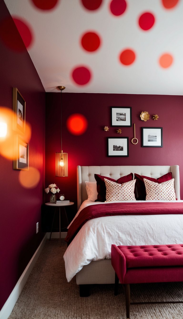 A cozy bedroom with a bold burgundy accent wall, featuring 25 red-themed decor ideas