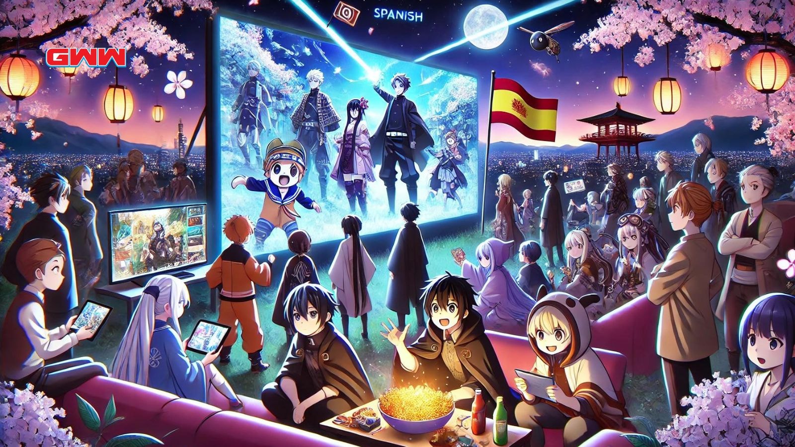 A nighttime scene featuring various anime characters from different shows gathered around, watching anime on a large screen.