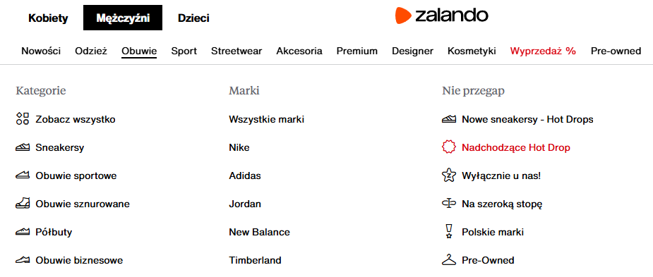 Przemyślana architektura informacji w serwisie Zalando.