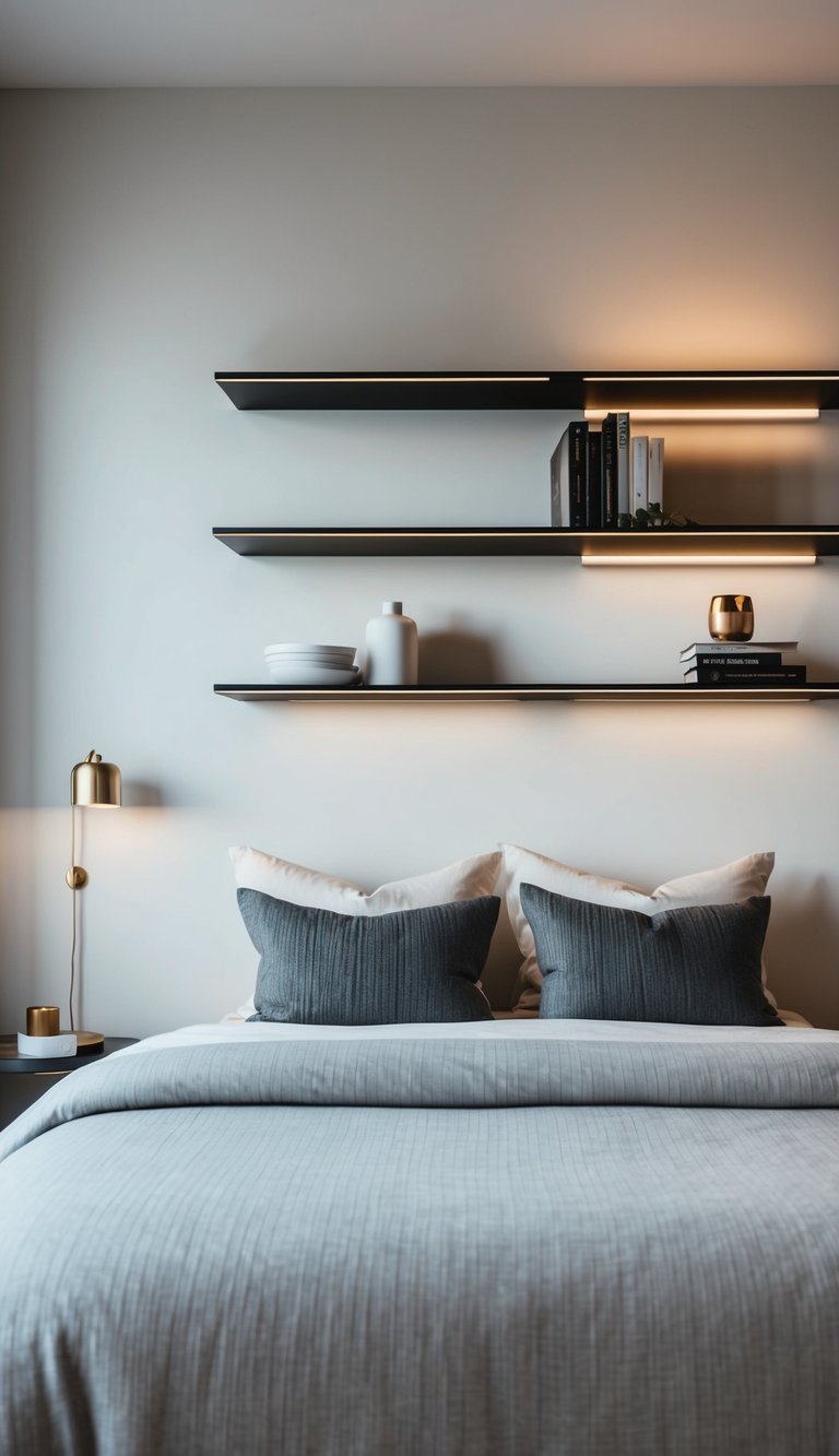 A bedroom with minimalist wall shelves, soft lighting, and cozy bedding