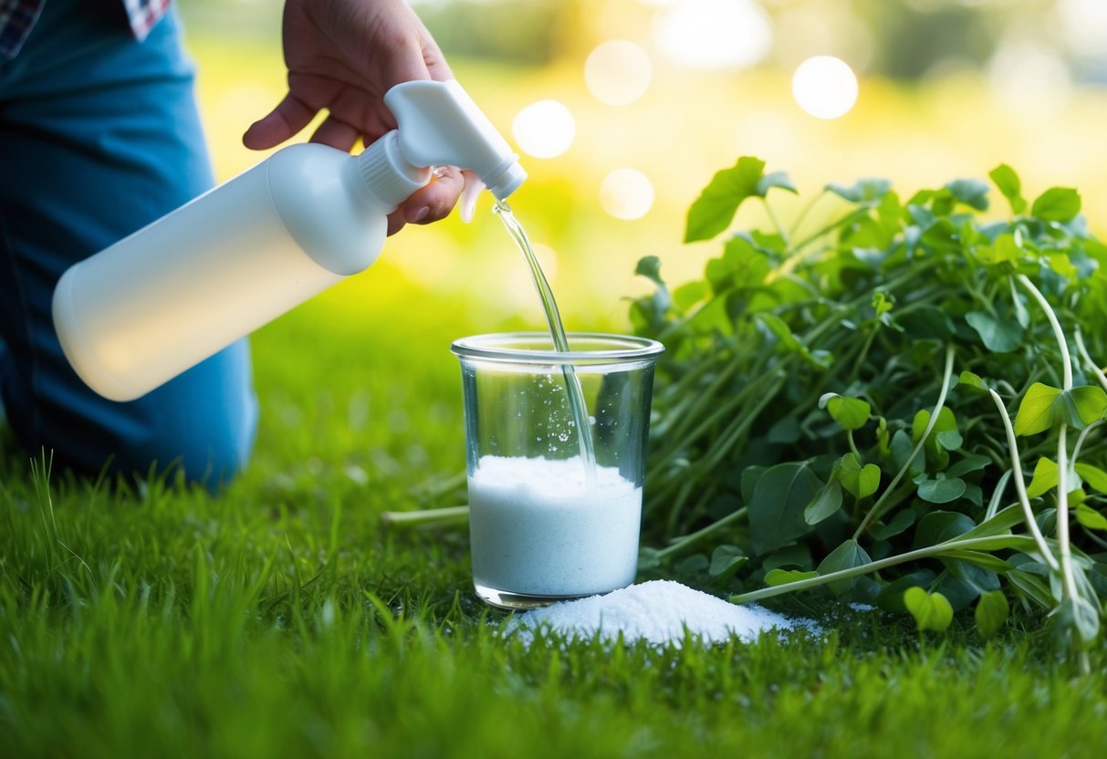 A person mixing vinegar, salt, and dish soap in a spray bottle, with a pile of weeds in the background