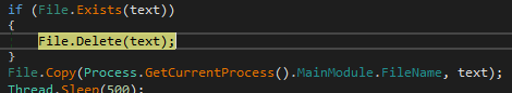 if (File. Exists(text)) 
Fi Ie . Copy (Proces s . . Mai nModuIe . Fi IeName , 
text) ; 
