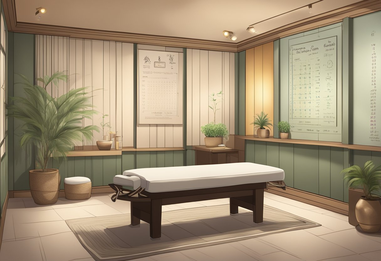 A serene spa room with dim lighting, soft music, and a massage table featuring acupressure points chart on the wall