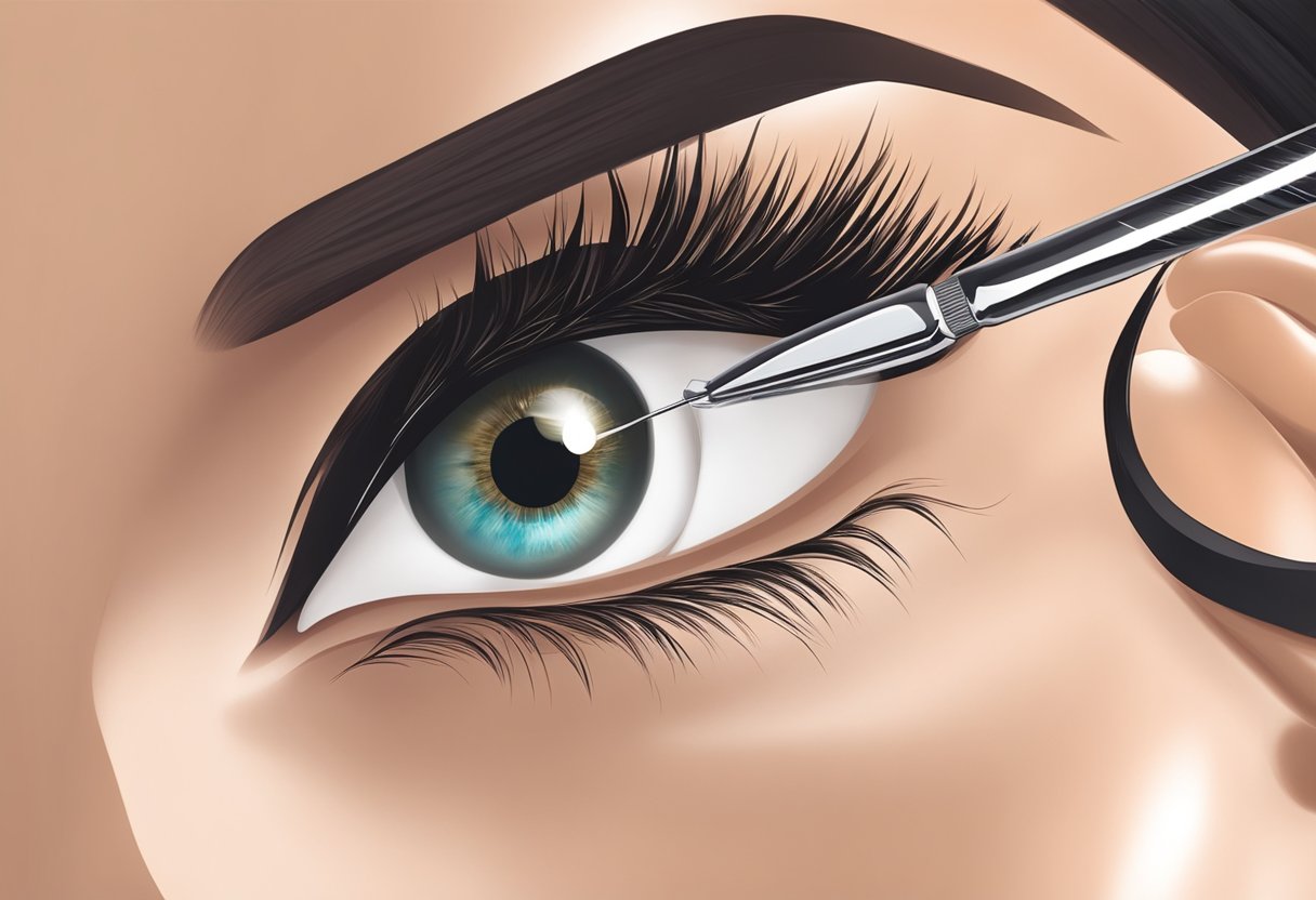 A close-up of a lash extension application process, with tweezers carefully placing individual lashes for fullness and drama