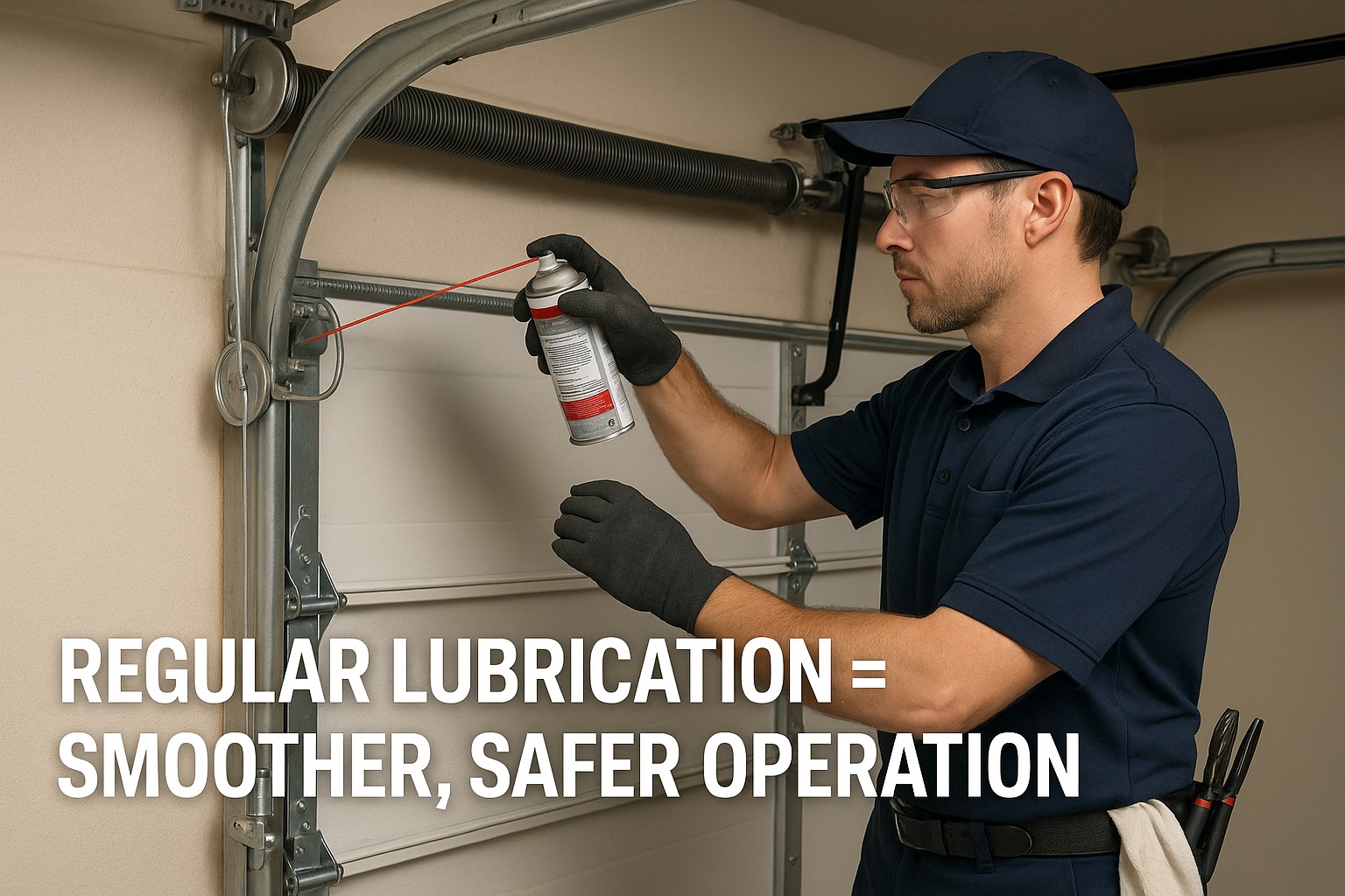 Technician lubricating garage door parts with spray to ensure smoother, safer operation and prevent wear.