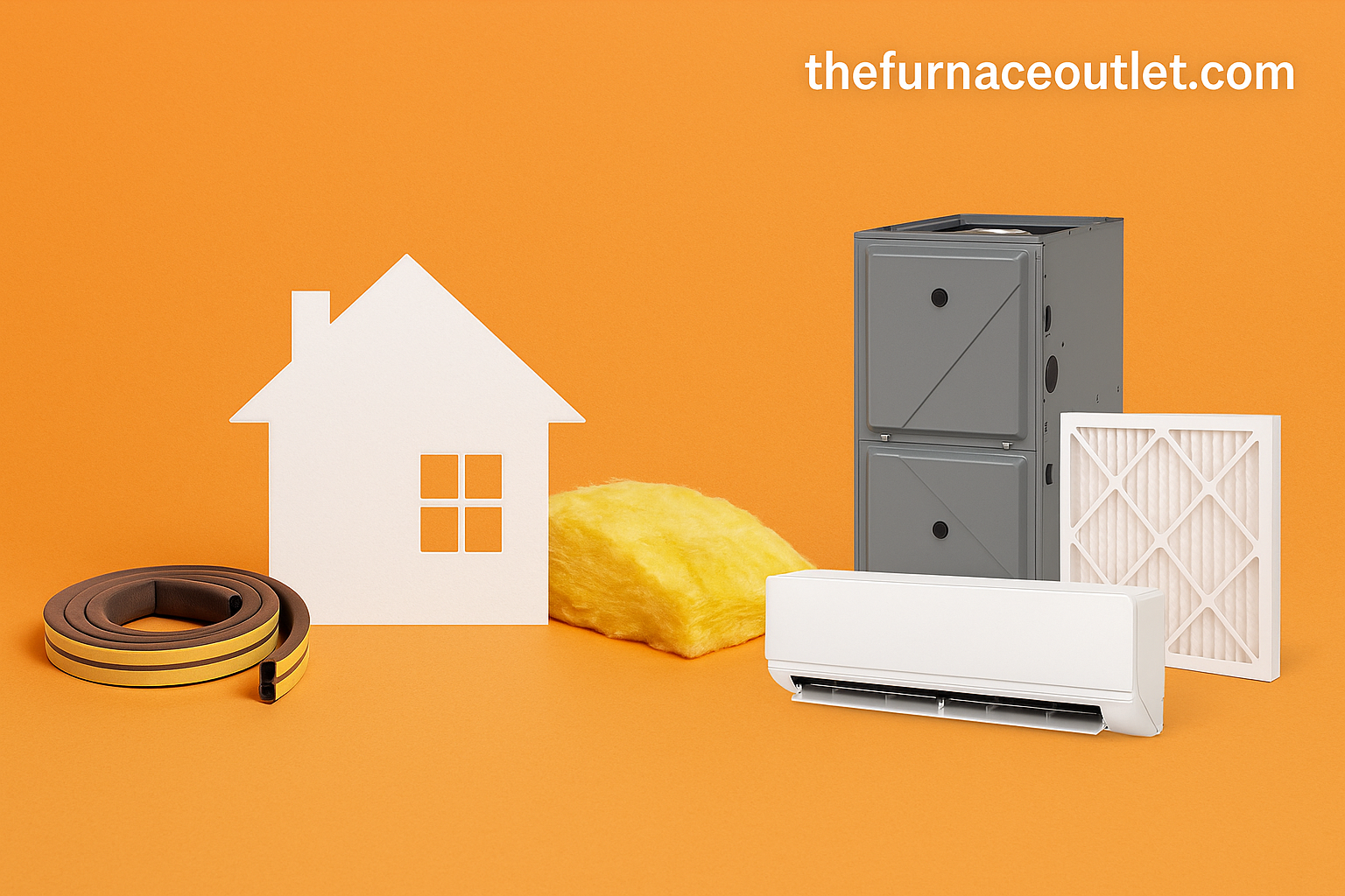 A digital photograph for The Furnace Outlet website displays home insulation and sealing tools, including weatherstripping, fiberglass insulation, a house cutout, furnace, mini-split AC, and air filter, all set against an orange background.