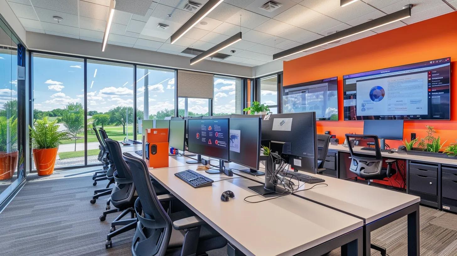 a sleek, modern office workspace is filled with vibrant digital screens displaying data analytics and website design elements, illustrating the seamless integration of on-page seo strategy and web development.