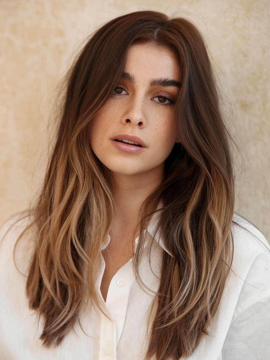 32. Deep Brown Hair with Soft Caramel Tones