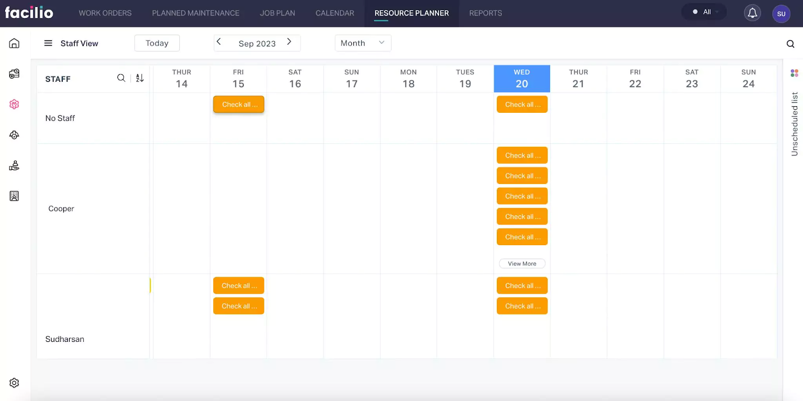 Image displaying the dashboard view of Facilio’s scheduling software Resource Planner 