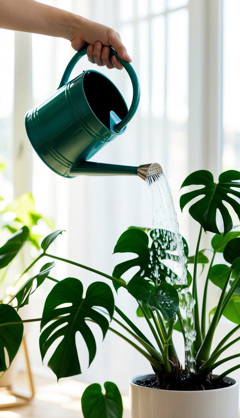 A watering can pours water onto a lush Monstera plant in a bright, sunlit room