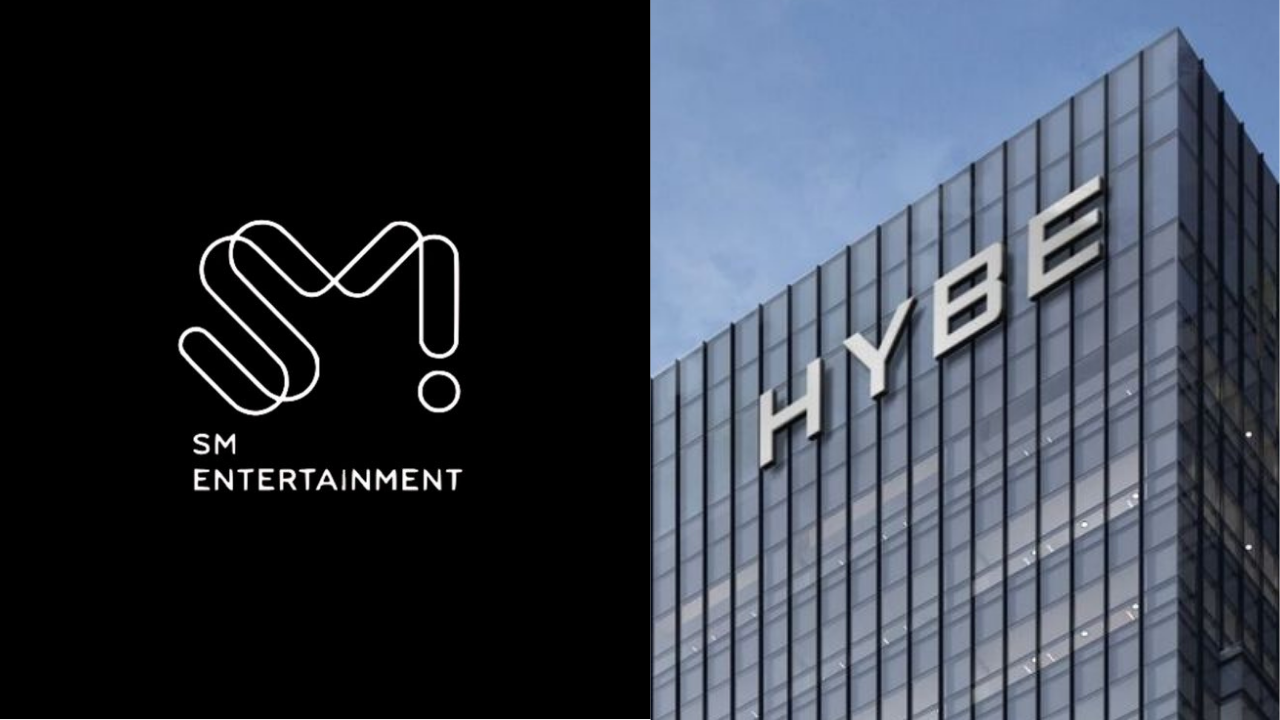 This contains an image of SM Entertainment logo and hybe building