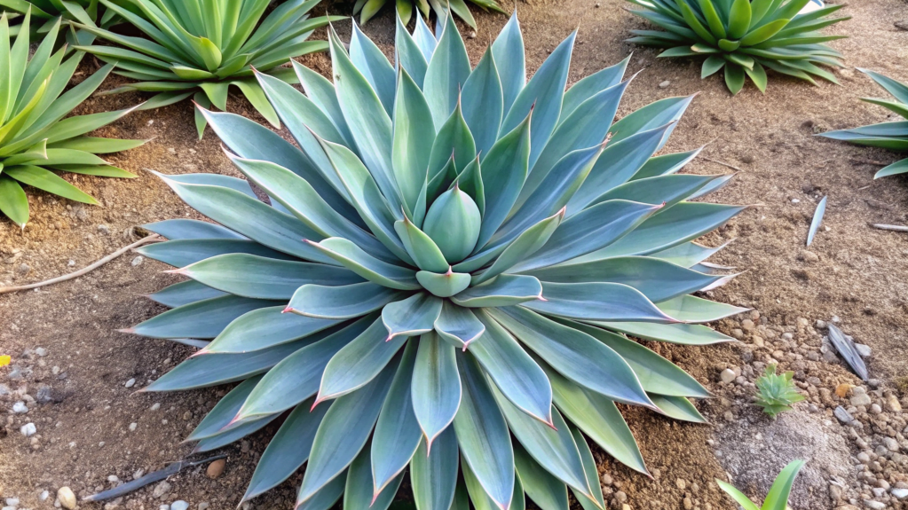 Agave americana com folhagem azul-esverdeada em solo arenoso