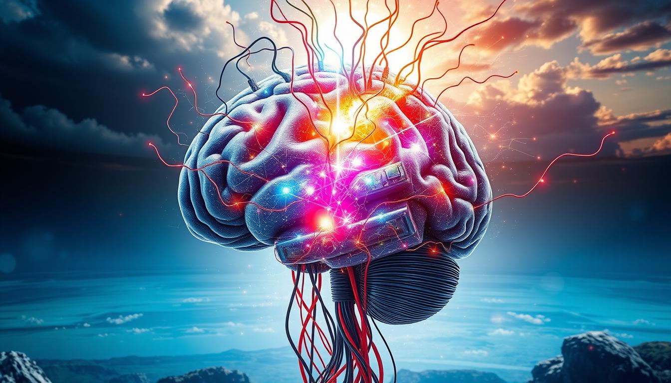 A depiction of a human brain with wires and circuit boards, symbolizing the reprogramming of the subconscious mind. Show colorful energy flowing in and out of the brain, representing the power of manifestation and the law of attraction. In the background, include a beautiful natural landscape to signify the unlimited possibilities of the universe.