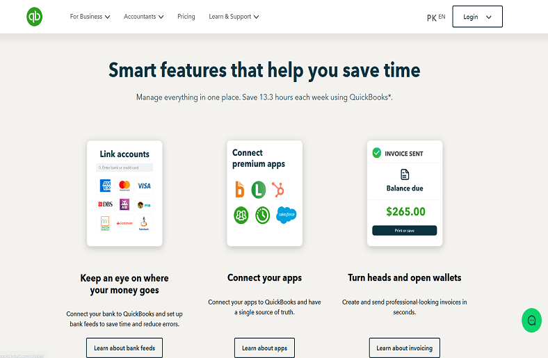 QuickBooks website with features to save time and manage finances


