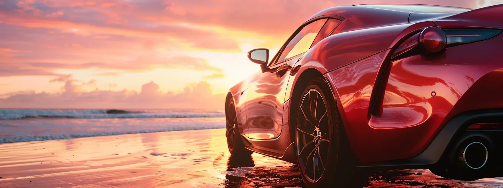 a shiny red sports car parked in front of a sunset-lit horizon, symbolizing the benefits and considerations of full coverage car insurance.