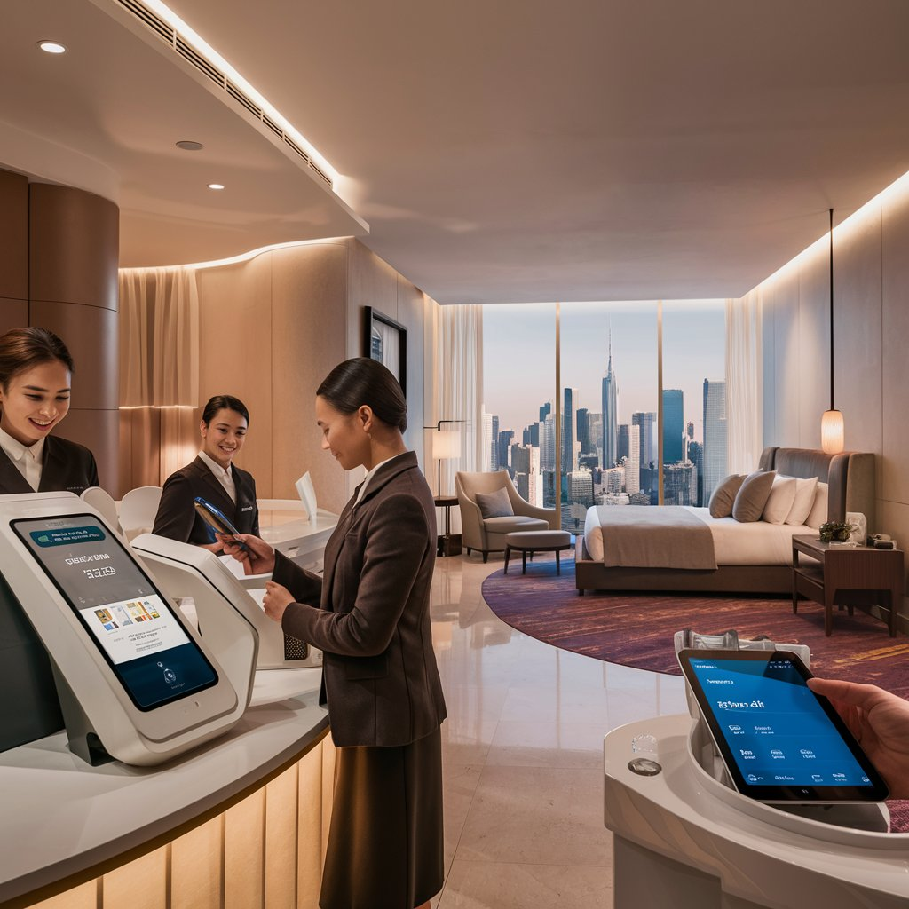 Two hospitality staff members helping the guest with hotel payment processing.