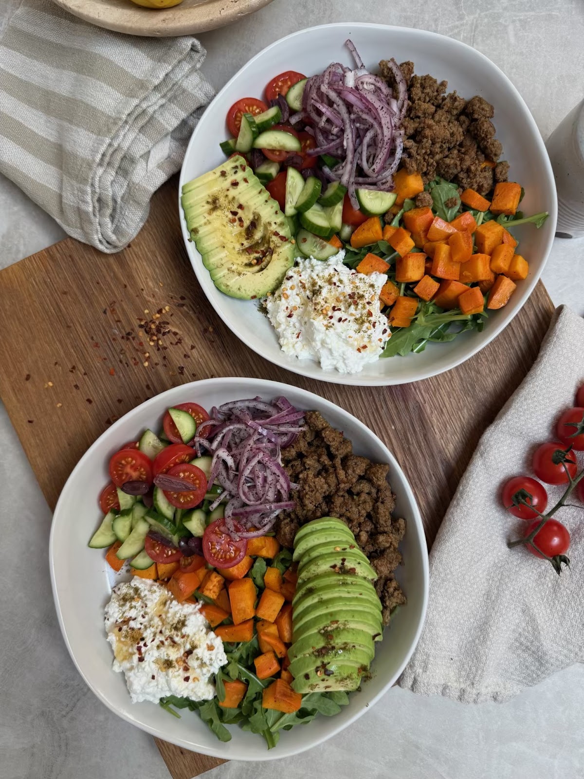 cottage cheese ground beef avocado tomato cucumber pickled red onion Oven-Baked Chicken Milanese with Chicory Caesar Salad - fertility dinner recipes - Wenatal