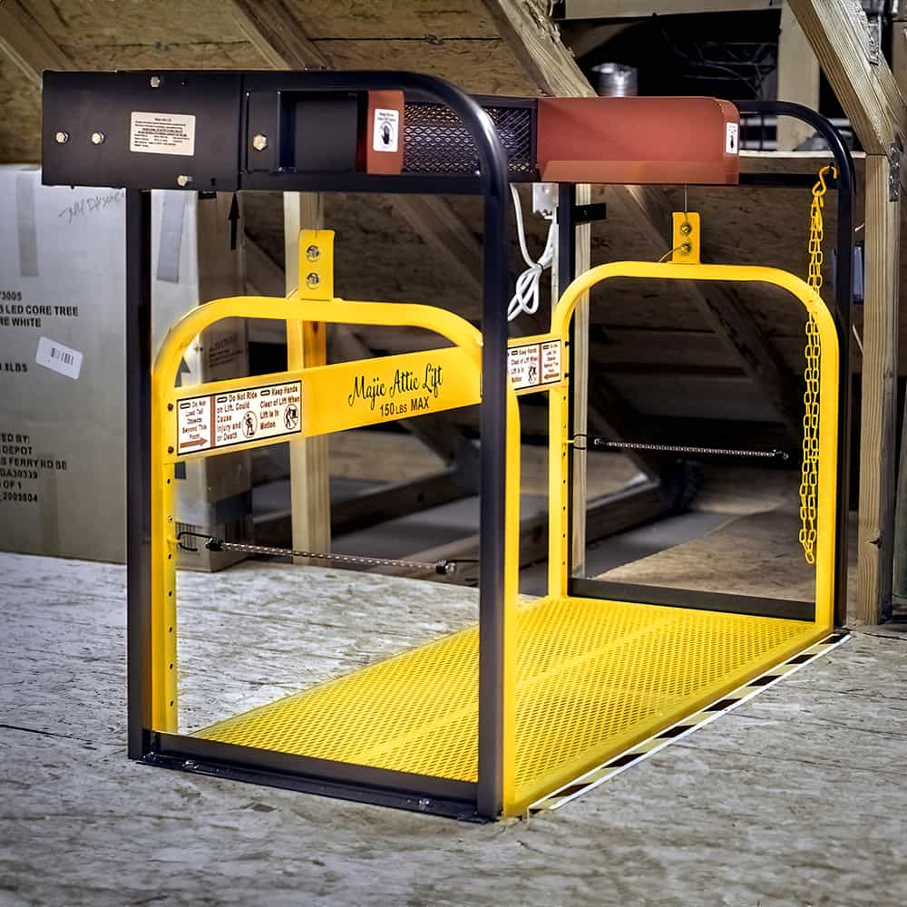 Majic Attic Lift raised in garage attic