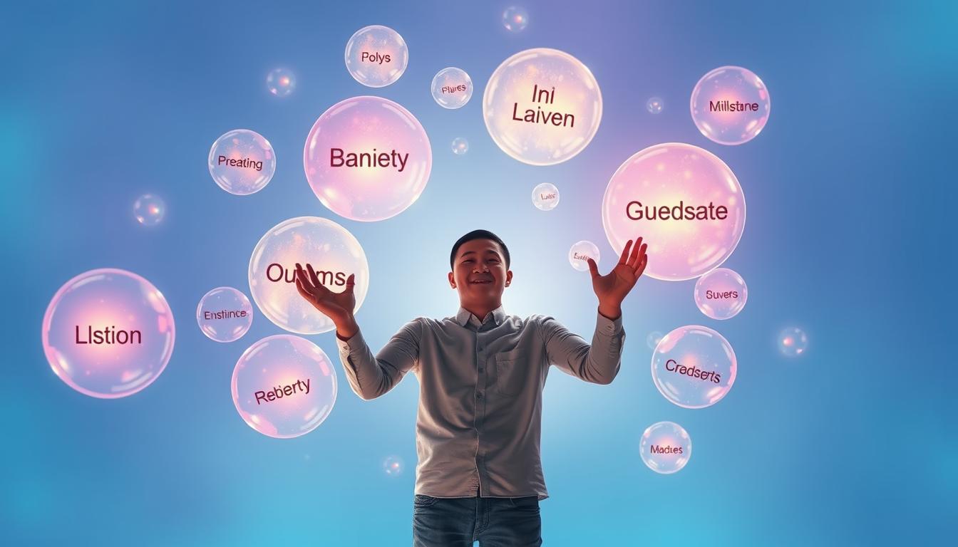 An image of a person surrounded by shimmering, colorful bubbles, each containing a word or phrase that represents their desired outcome. The person is standing confidently with their hands raised towards the bubbles, as if they are about to burst forth and make their dreams a reality. The background is a bright and uplifting shade of blue or purple, representing the limitless possibilities of the universe. The overall feeling of the image should be one of positivity, hopefulness, and excitement for what the future holds.