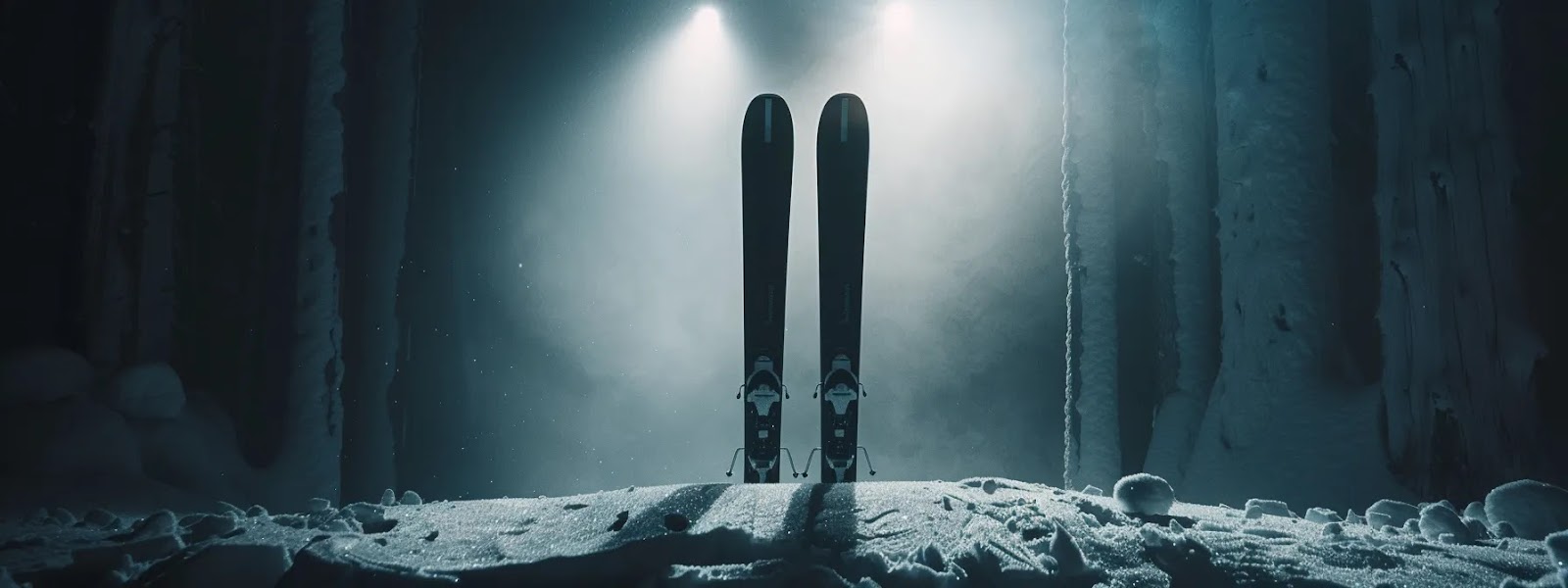 a pair of versatile all-mountain skis set against a snowy backdrop, showcasing their flex and width to reflect the importance of choosing the right equipment for your skill level and skiing goals.