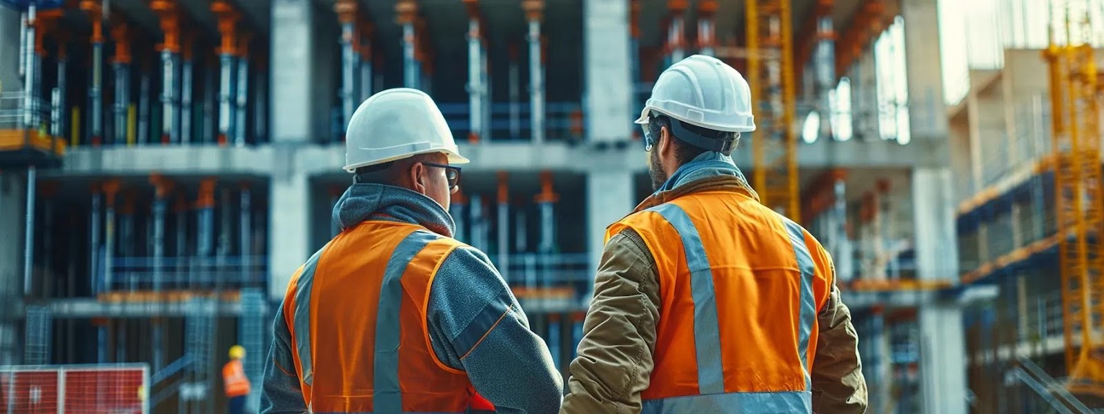 a bustling construction site in wakefield, featuring skilled workers engaged in detailed discussions over blueprints at a modern urban building, reflecting the importance of local expertise in navigating regional regulations and project specifics.