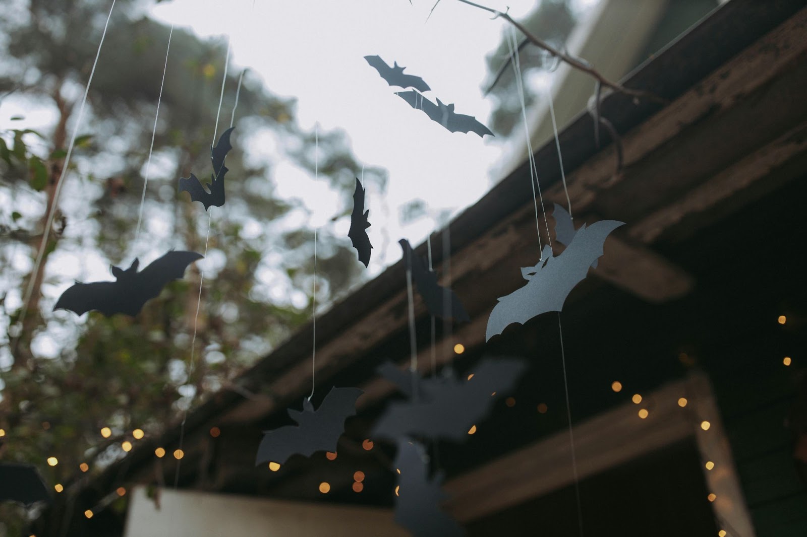 Black paper bats hanging on a natural stick with string lights