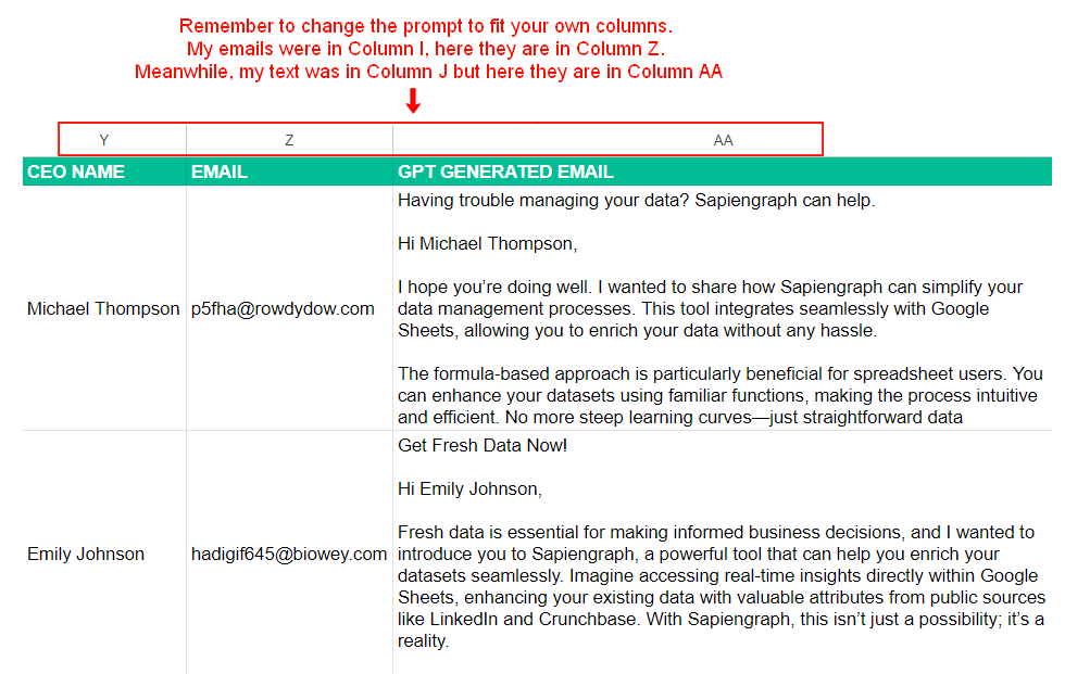 Google Sheet with CEO names, emails, and GPT generated emails