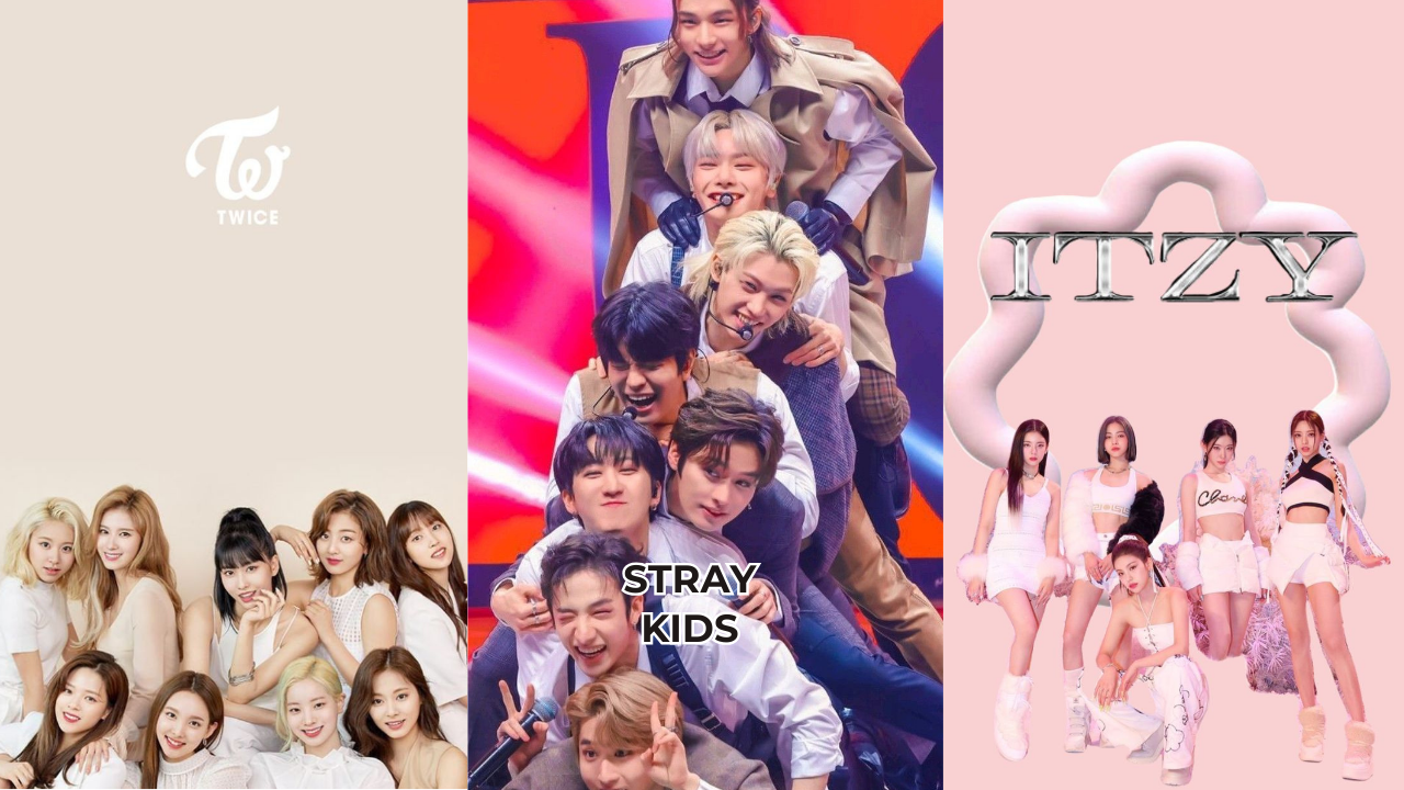 This contains an image of  TWICE, Stray Kids, and ITZY group members