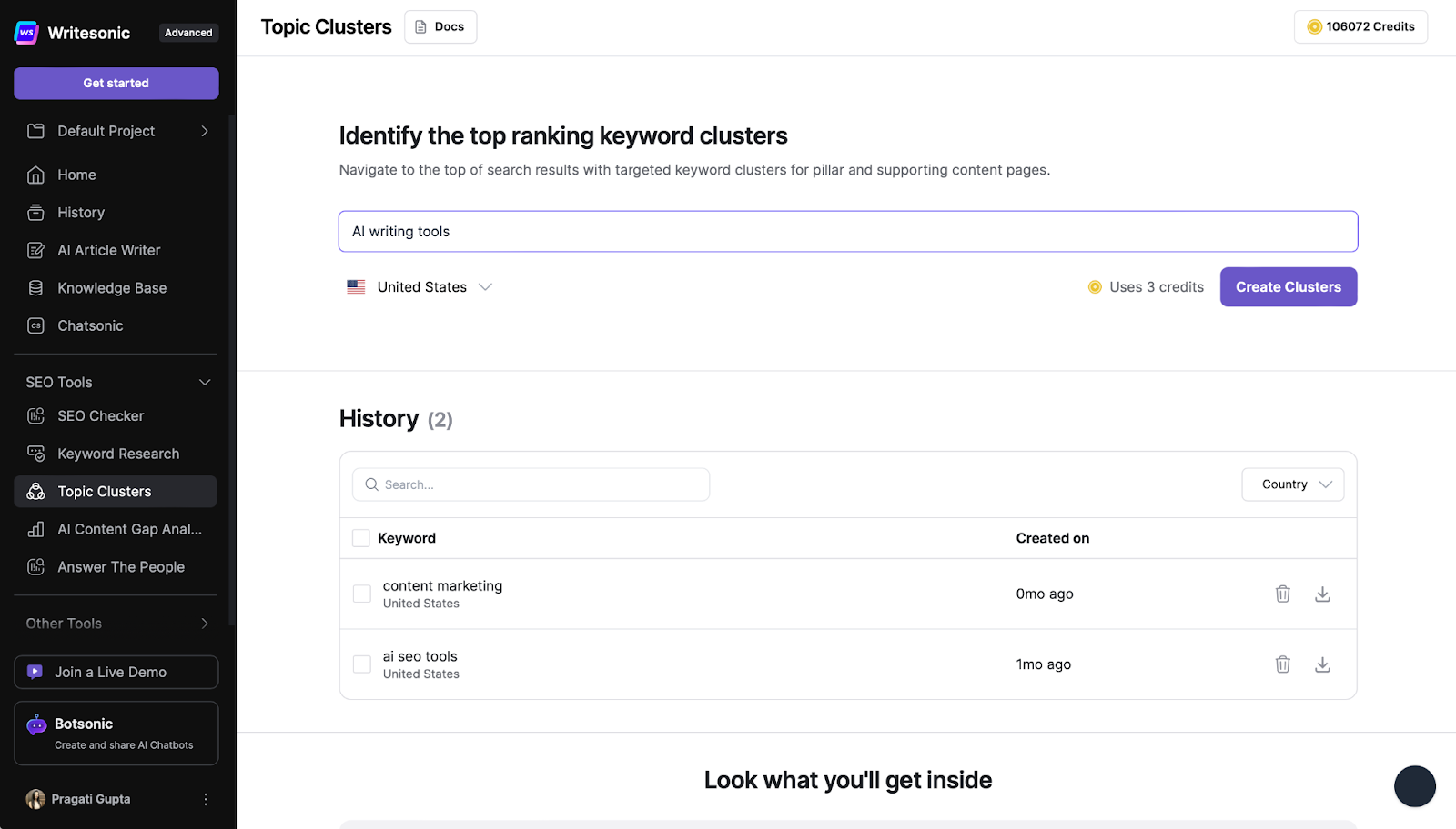 Writesonic's Topic Clusters Tool - Content automation