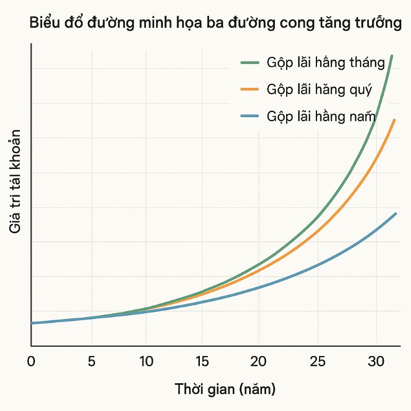 Biểu đồ so sánh tăng trưởng vốn với lãi kép theo tần suất khác nhau