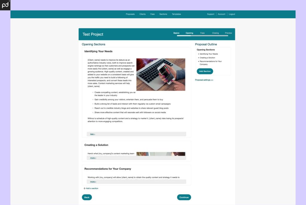 An Image Of The Bidsketch Editor With Multiple Blocks Added To The Opening Section Of The Proposal