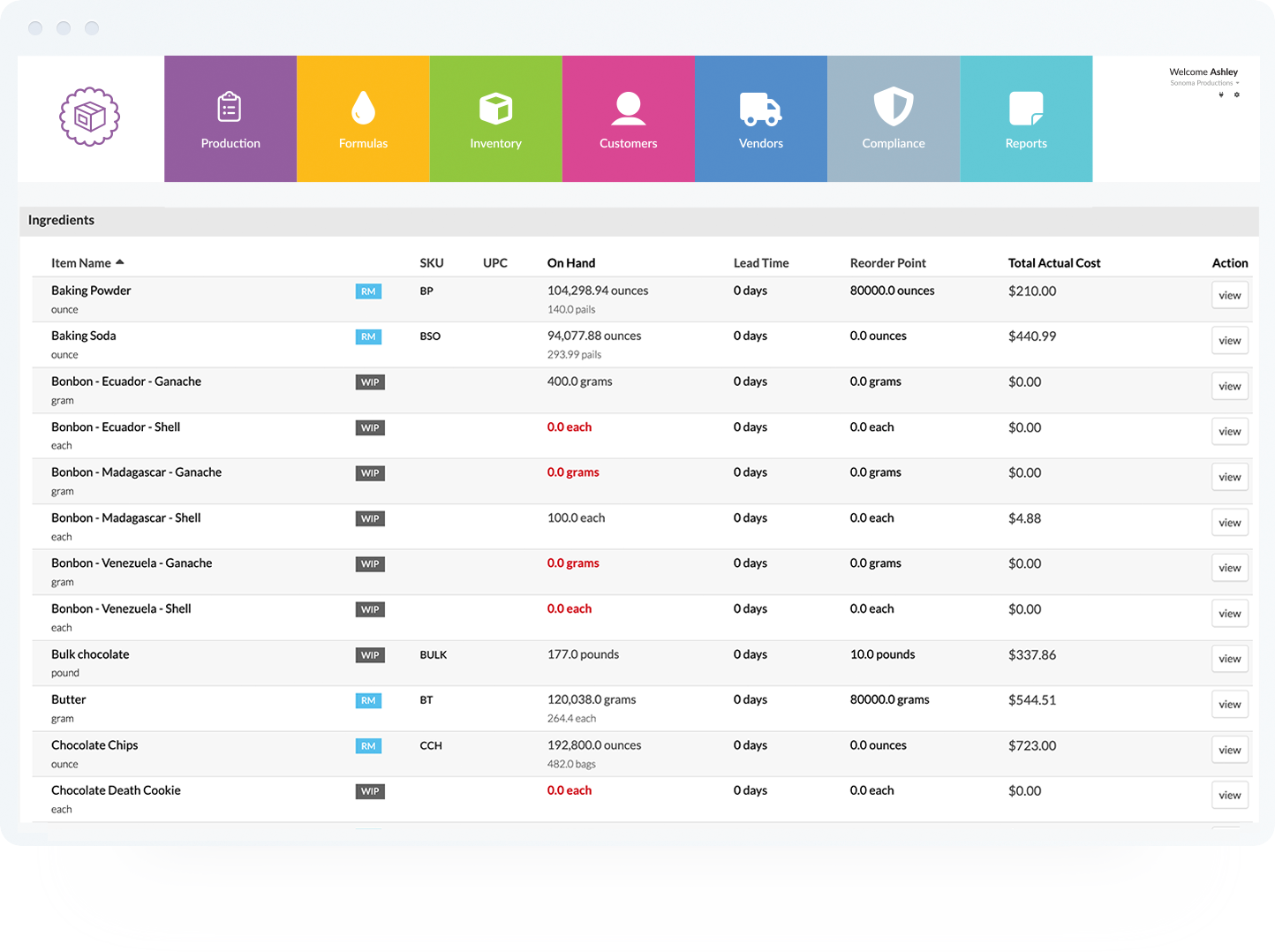 Screenshot of Wherefour's food manufacturing and traceability ERP software