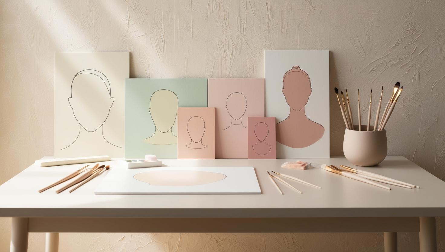 A minimal and elegant art desk with custom portraits, brushes, and a soft aesthetic background, natural light, pastel colors, professional artist vibe