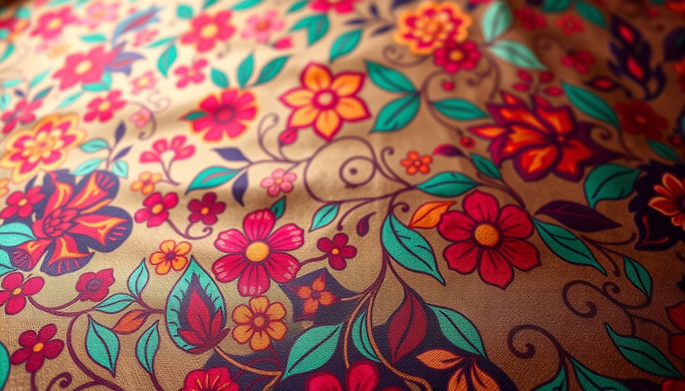 A lush, vibrant display of Malaysian batik floral motifs fills the frame. In the foreground, intricate, hand-drawn patterns in rich jewel-toned hues of ruby, emerald, and sapphire adorn the finely-textured fabric. The mid-ground features delicate, curving lines that intertwine to create stylized botanical forms, while the background is a soft, muted gradient that allows the foreground patterns to shine. The lighting is soft and diffused, casting a warm, luminous glow that highlights the depth and dimensionality of the design. Captured with a wide-angle lens, the image conveys a sense of grandeur and artistry, showcasing the unique aesthetic qualities that define the essence of Malaysian batik.