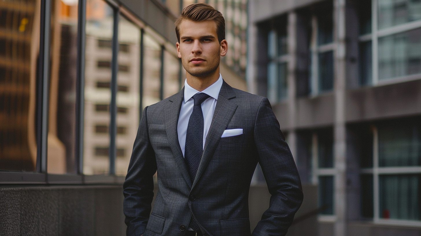 A man in a single-breasted suit with one row of buttons, sharp lapels, and a fitted silhouette. Ideal for business or semi-formal events, standing confidently in a city backdrop.
