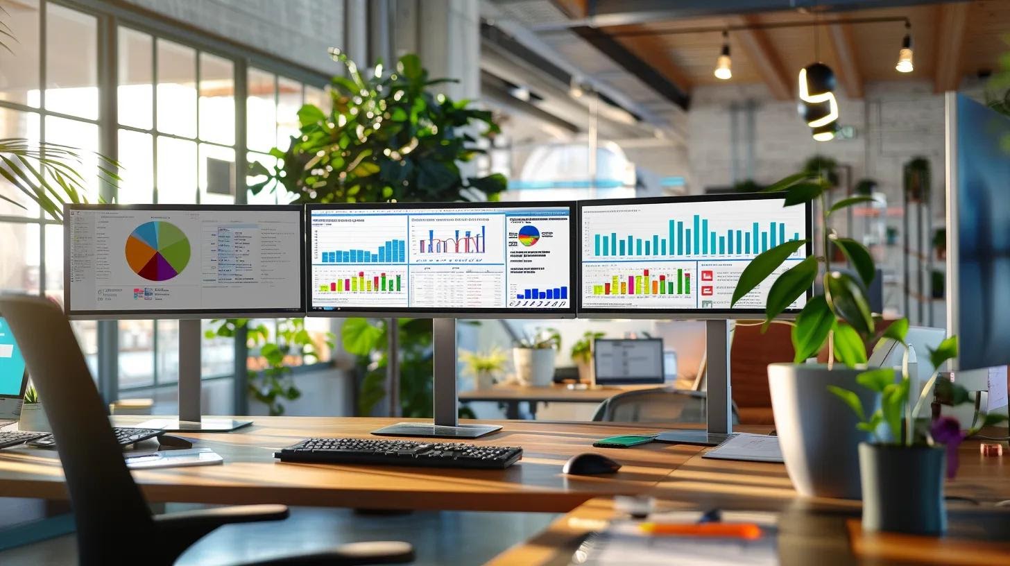 a sleek, modern office workspace filled with multiple high-resolution monitors displaying vibrant analytics dashboards, showcasing real-time web performance metrics and custom reports in vivid colors on the screens.