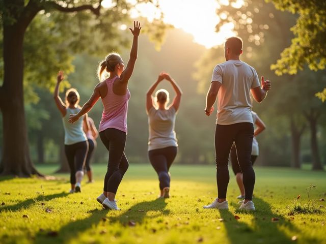 A serene outdoor setting with a health coach guiding a small group in a joyful exercise session, surrounded by lush greenery and sunlight filtering through the trees