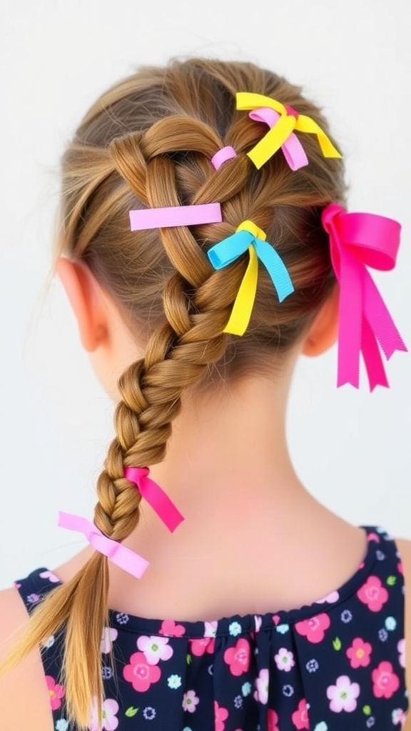 A braided ponytail with colorful ribbons in pink, yellow, and blue.