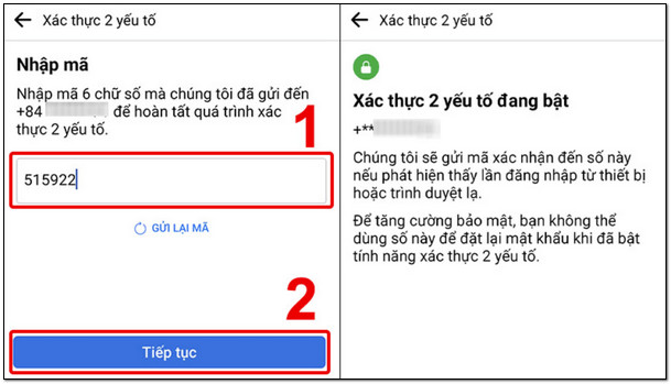 nhập mã facebook rồi tiếp tục