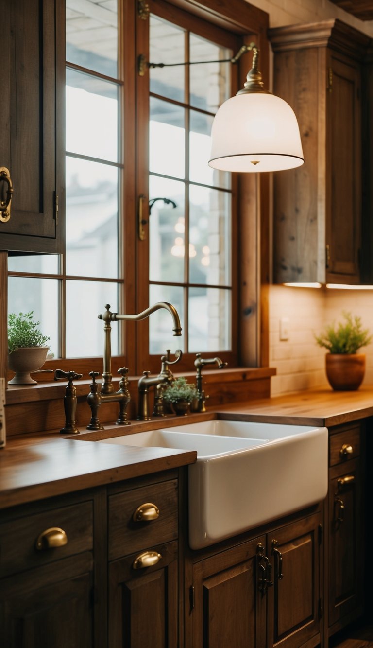 A rustic farmhouse kitchen with antique brass hardware, including cabinet handles, faucets, and light fixtures, creating a warm and vintage atmosphere