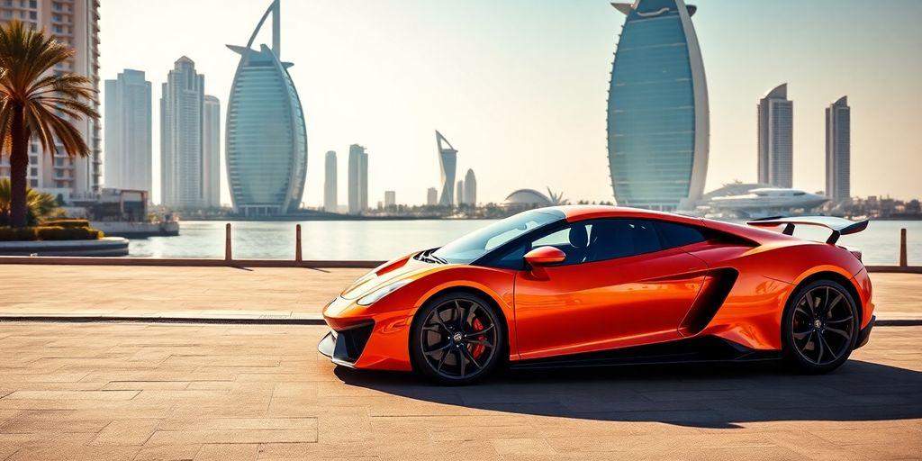Luxurious supercar parked in Dubai's scenic backdrop.