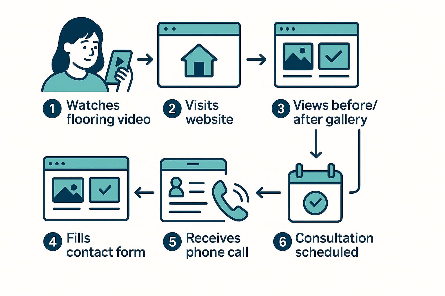 Lead generation company process showing how flooring videos convert potential customers into high quality flooring leads through phone calls.