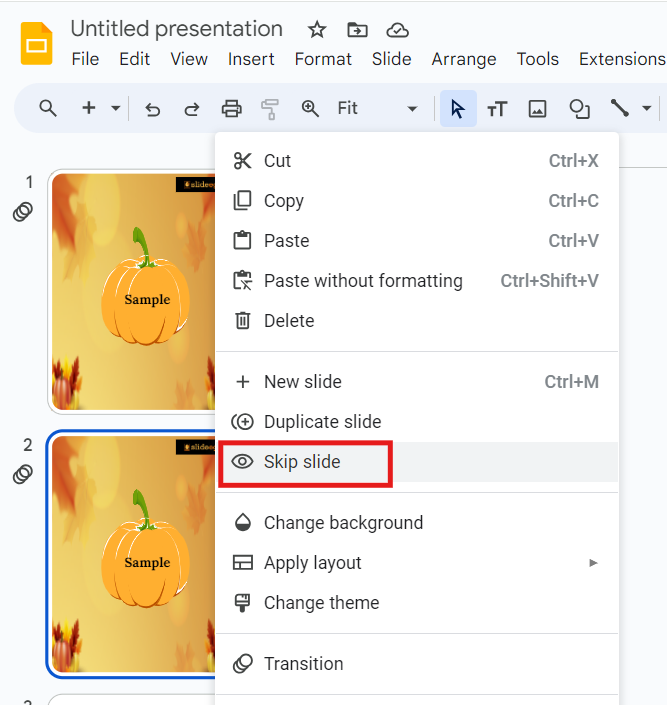 Google Slides Interface with Skip Slide Option is highlighted. 